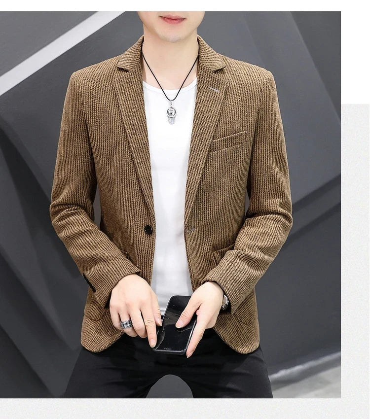 Blazer New Men's Fashion Business Vertical Strip Gentleman Slim Wool Shopping Outdoor Performance Wedding Banquet Casual Blazer