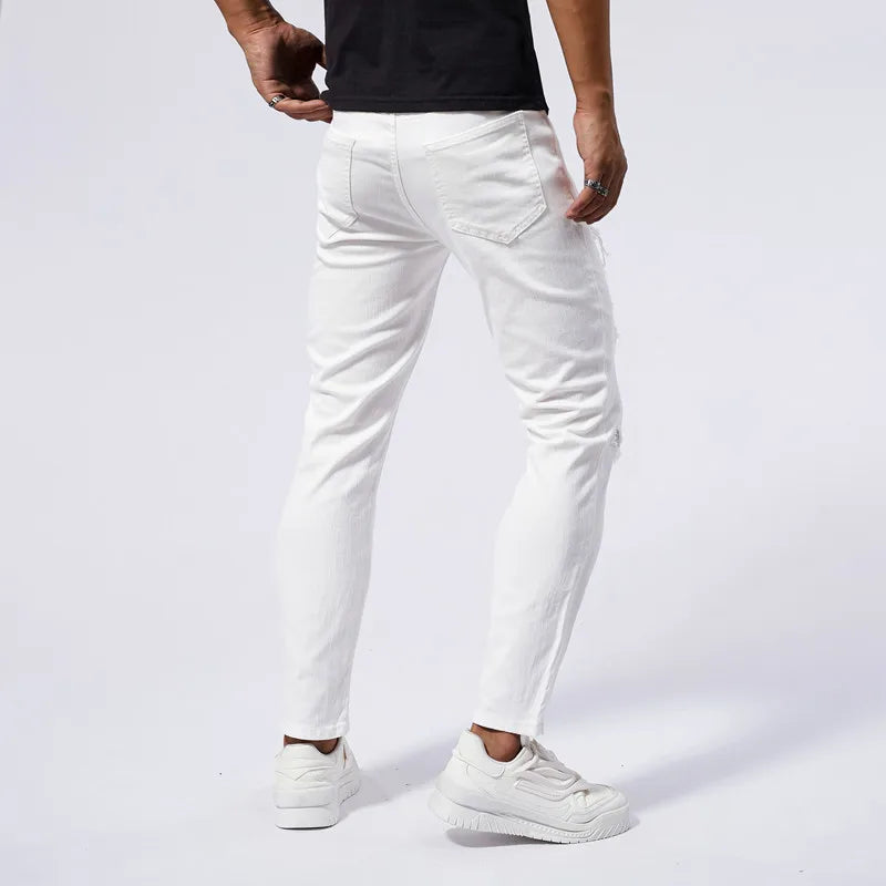 White Jeans Men's Cotton Skinny Elastic Ripped Hole Fashion Korean Denim Pants Rock Slim Trousers Hip-hop Streetwear