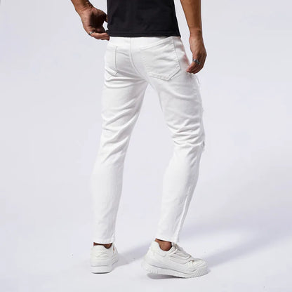White Jeans Men's Cotton Skinny Elastic Ripped Hole Fashion Korean Denim Pants Rock Slim Trousers Hip-hop Streetwear