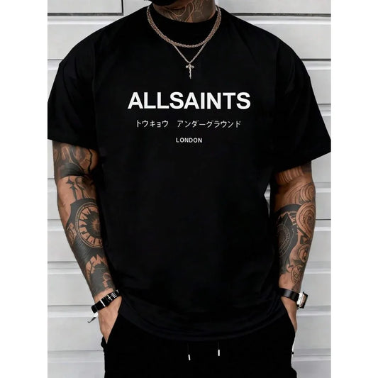 AllSaints Tokyo Underground London T-Shirt Minimalist Black Tee With Japanese & English Text