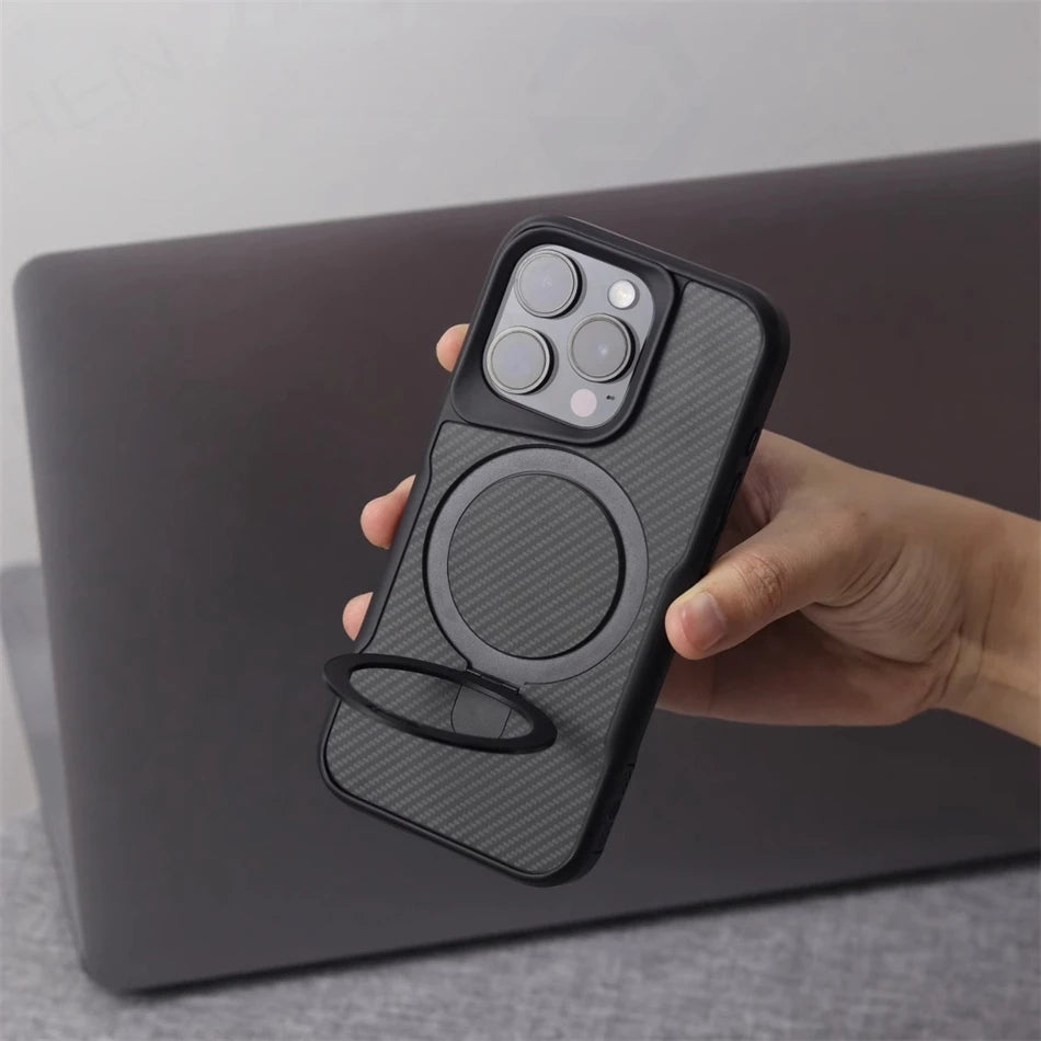 Luxury For Magsafe Shockproof Frame Armor Case For iPhone 13 15 12 14 16 17 Pro Max Metal Bracket Carbon Fiber Pattern Cover