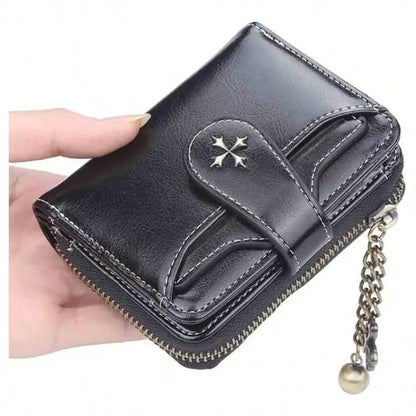 Women’s Retro Small Wallet – Mini Leather Credit Card Holder, Double-Fold Design with Zipper, Compact Aesthetic Wallet