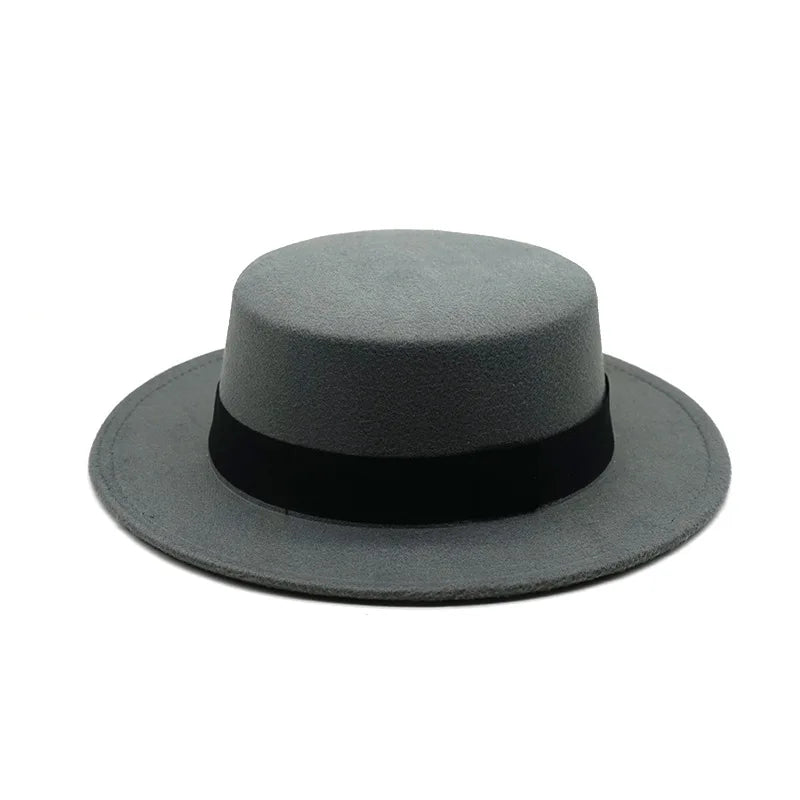 Black Ribbon Flat Top Hat British Retro Style Unisex Wool Fedora Winter Warm Hat