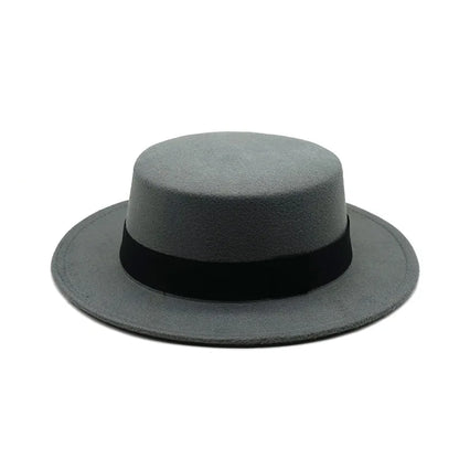 Black Ribbon Flat Top Hat British Retro Style Unisex Wool Fedora Winter Warm Hat