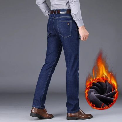 New Men's Fleece Warm Jeans Winter Thicken Plush Velvet Business Office Denim Trousers Brand Clothing Stretch Casual Male Pants