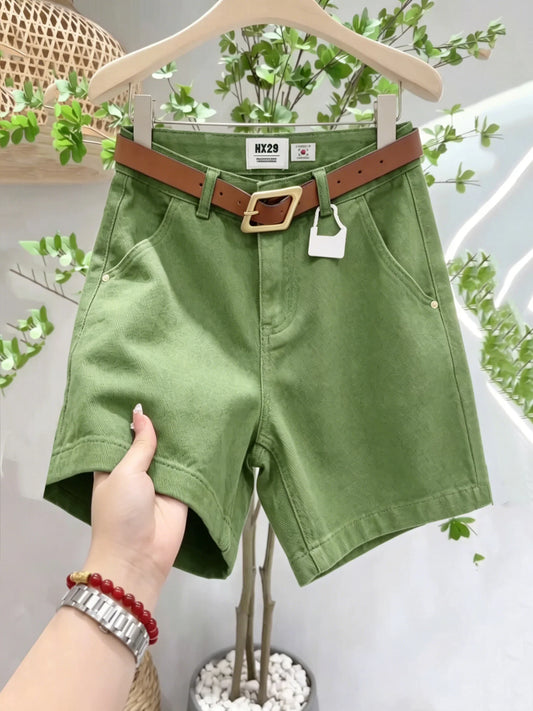 High Waist Wide Leg Jeans Green Matcha Women's Summer Loose Slimming Shorts Versatile Cotton Stretch Denim Casual High Waist