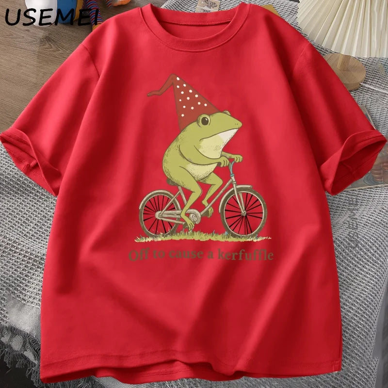 Off To Cause A Kerfuffle Frog T-Shirt Funny Weirdcore Sayings Unique Tshirt Adults Joker Men Women Graphic Tee Male Summer Tops