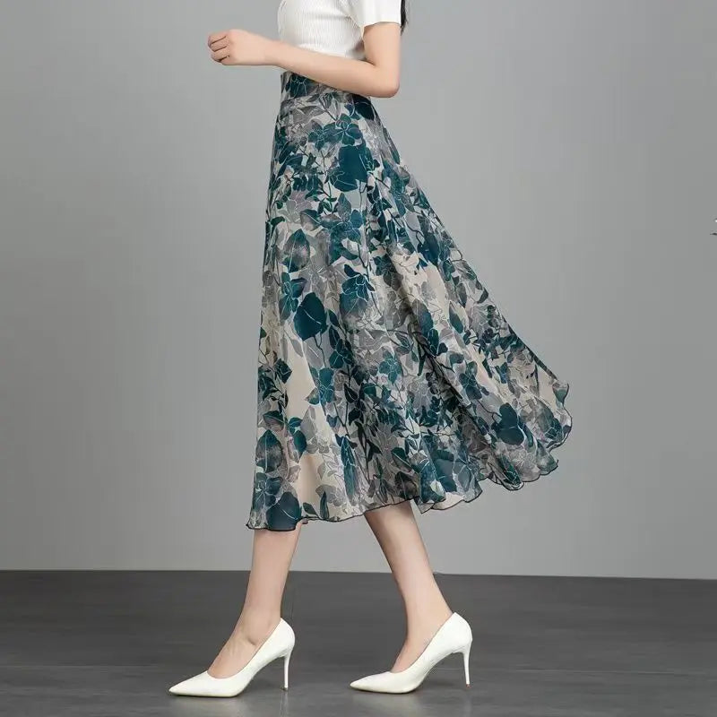 Women's Floral Print Chiffon Maxi Skirt High Waist A-line Casual Summer Skirt
