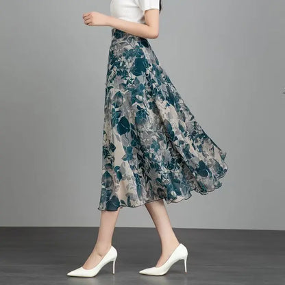 Women's Floral Print Chiffon Maxi Skirt High Waist A-line Casual Summer Skirt