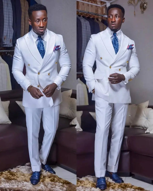 White Men Classic Suit Slim Fit Double Breasted Reflective Tuxedo Wedding Suits With Pants Groom Costume Homme