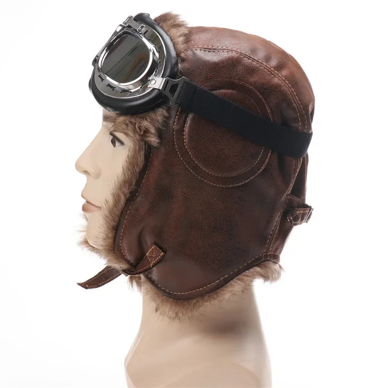 Winter Men Bomber Hat With Goggles Outdoor Motorcycle Windproof Warm Faux Fur Pilot Earflap Hat Leather Thermal Ushanka