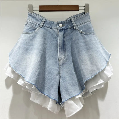 New Fashion Women's Patchwork Hem Wash Denim Shorts 2025 Summer Trendy High Waist A-line Short Pants Female 1LS1393