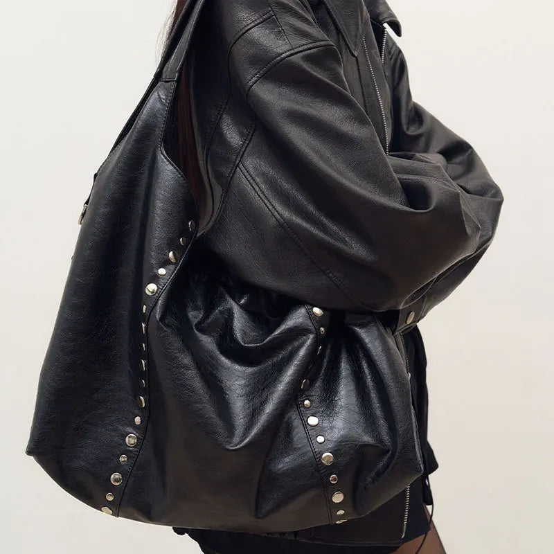 Rivet Women Shoulder Bag Large Capacity Versatile New Soft PU Single Shoulder Underarm Bag Casual Commuting Tote Black Handbag