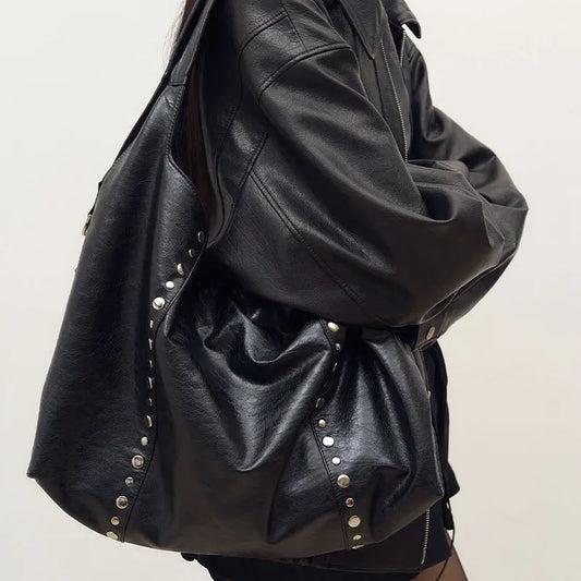 Rivet Women Shoulder Bag Large Capacity Versatile New Soft PU Single Shoulder Underarm Bag Casual Commuting Tote Black Handbag