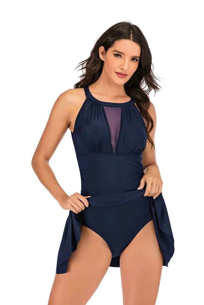 Women One Piece Swimsuit 2024 New Swimdress With Shorts Slim Mesh Hollow Out Design Solid Black/Red/Dark Blue Swimwear Plus Size