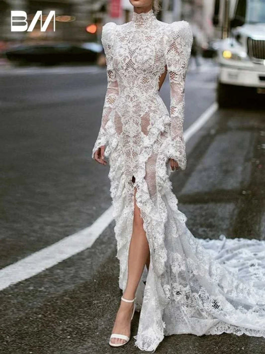 Fashionable Lace Puff Sleeves Wedding Dress Romantic High Neck Customized Bridal Gown Charming Side Slit Sexy Women Cut Out