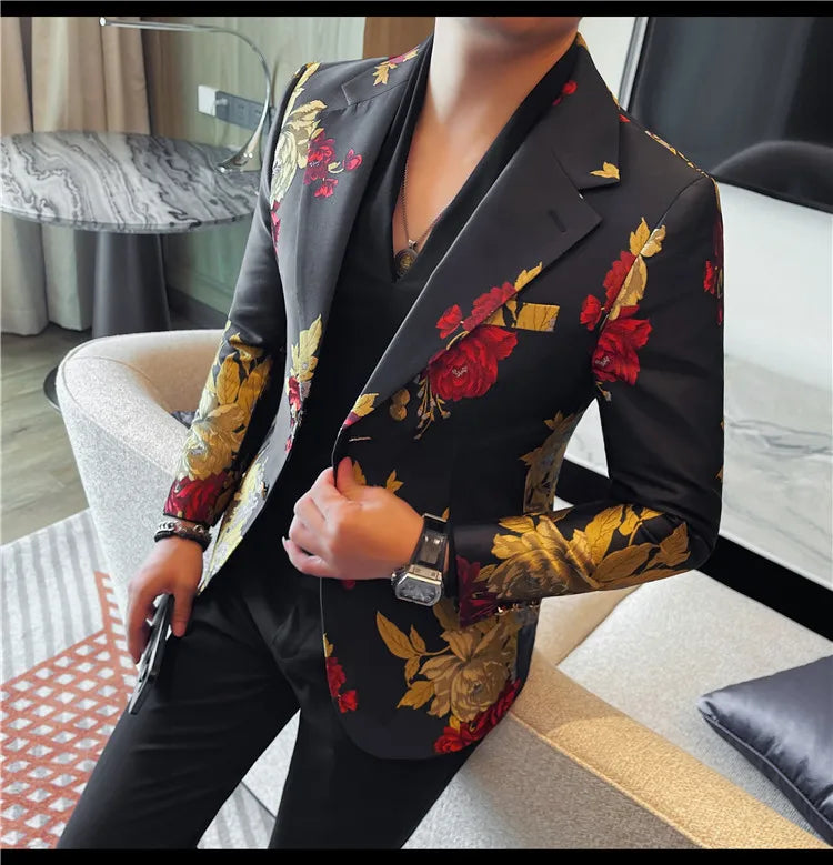 New Men Embroidered Jacquard Slim Fit Casual Suit Jacket Formal Prom Party Stage Costume Man Tuxedo Gentleman Blazers Suit Tops