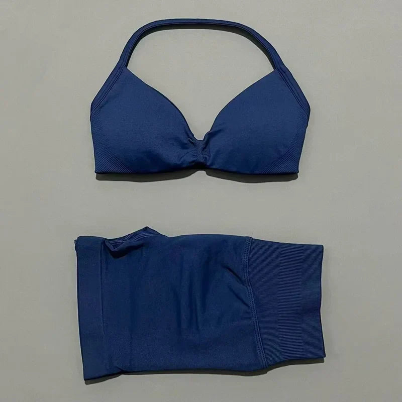 2 Piece Gym Sets Woman Sports Strappy Bra Seamless Set Quick Dry Fitness Squat Proof Shorts Sportswear Running Workout Suit