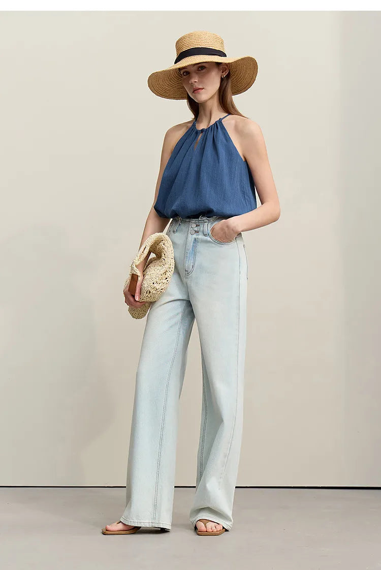 Women's Tank Top 2026 Summer New O-Neck Tie Detail Sleeveless Vest Beaded Linen Casual Loose Holiday Cami For Wome 12622006