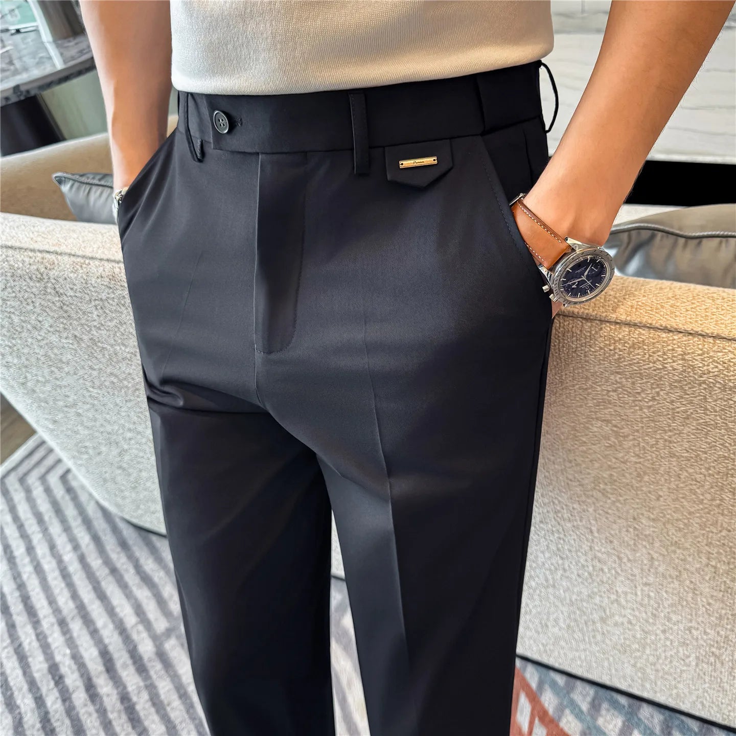 High Quality Modal Acetate Elastic Waist Casual Pants 2026 Spring Summer New Men's Solid Color Slim Fit Business Suit Pants