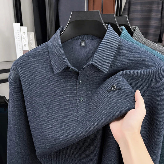 Fashion brand men's long sleeve polo shirt soft plush warm comfort new letter embossed solid color business casual lapel T-shirt