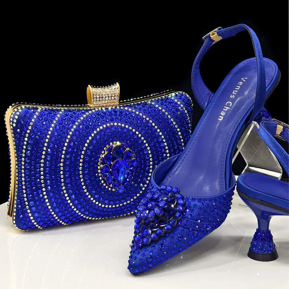 Blue Color Rhinestone Comfortable high heel shoe And Bag Fashion Style Pointed-Toe Shoes For Women Or Commuting Shoes