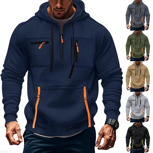 Men's Casual Sports Hoodie 2025 New Fashion Pocket Zipper Hooded Sweatshirt Solid Color Loose Coat Outdoor Running Streetwear