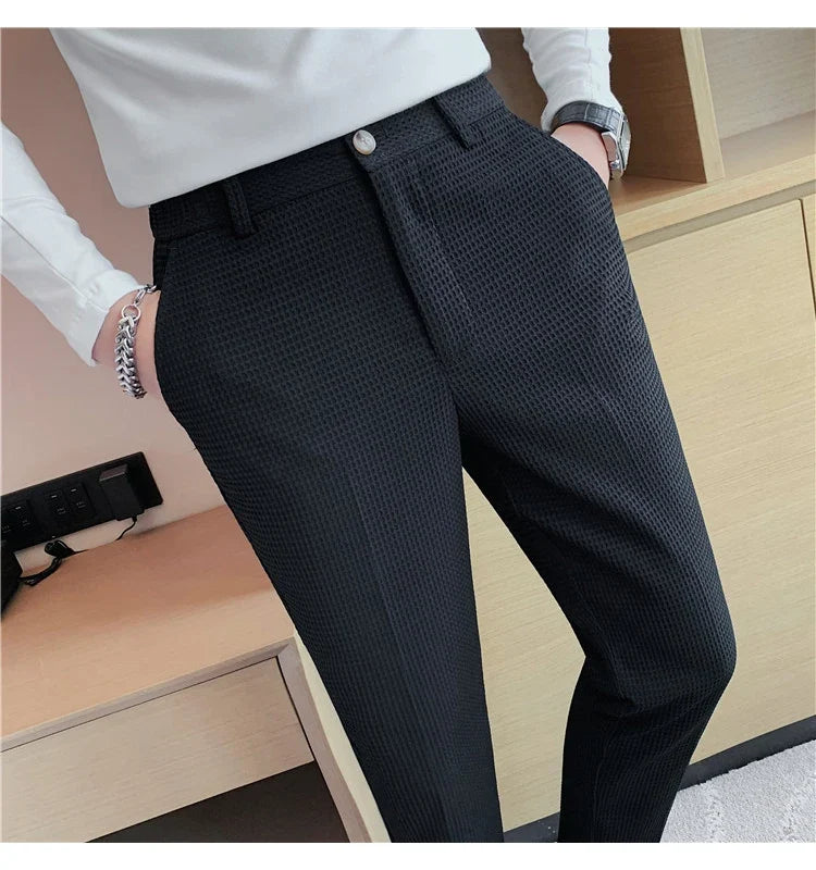 2024 Autumn New Waffle Stretch Waist Business Formal Pants Men Fashion Wedding Slim Trouser Mens Brand Social Party Suit Pants