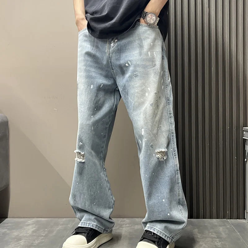Korean Men'S Splashed Ink Jeans Casual Loose High Street Summer Ripped Denim Pants Retro Graffiti Straight Leg Pants