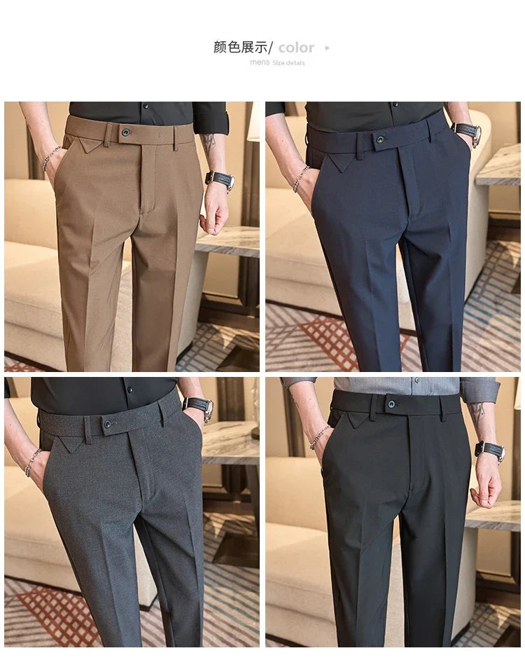 Men's High-Grade Trousers, Stretch Waist, Casual Trousers Slim Fit Navy Blue, Business All-Match，Male Pants