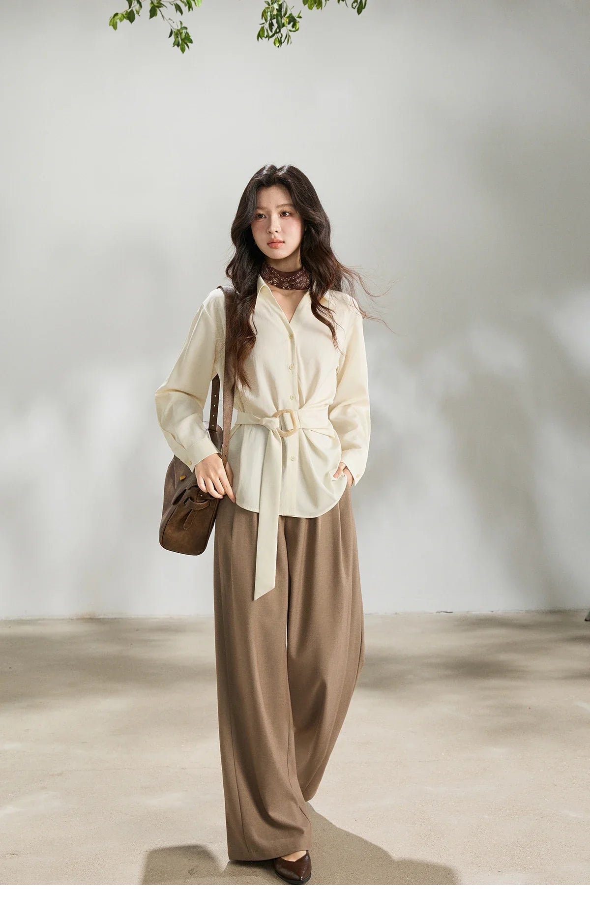 Women's Lapel Collar Long Sleeve Shirt 2026 Spring with Belted Waist Casual Loose Soft Beige Shirt Office Lady MXF13C2452