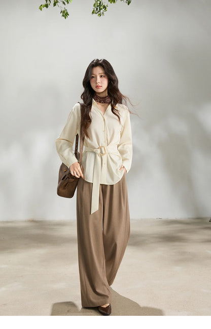 Women's Lapel Collar Long Sleeve Shirt 2026 Spring with Belted Waist Casual Loose Soft Beige Shirt Office Lady MXF13C2452
