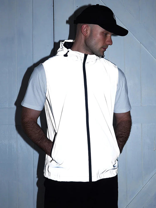 Night Reflective Vest Men's Spring Summer Thin Hooded Fashion Casual Outdoor Run Dancing Hip-hop Streetwear Glowing Clothes