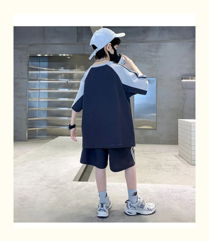 Summer Boys Cotton Loose Contrast Alphabet T-Shirt Tops+Shorts Pant School Kids Tracksuit Child 2PCS Outfit Workout Set 5-16 Yr