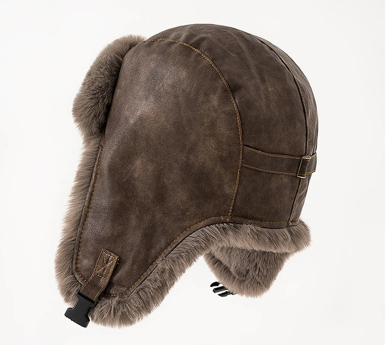 Men Winter Bomber Hat Outdoor Motorcycle Windproof Thicken Warm Faux Fur Pilot Earflap Hat Leather Thermal Ushanka