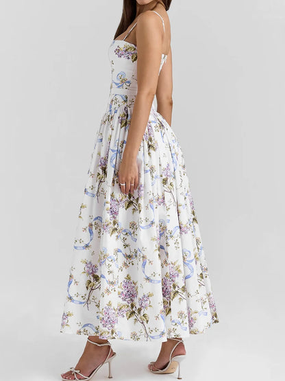 Summer Print Strappy Long Dress A-line Casual Beach Vacation Dress for Women