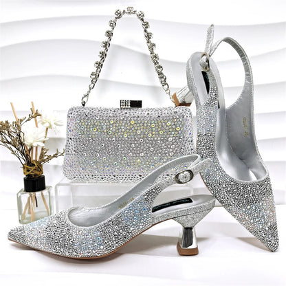 2026 Nigerian Women Heel Ladies Italian Luxury Design Green Shoes And Bag Set Decorated with Rhinestone Handbag Wedding Party