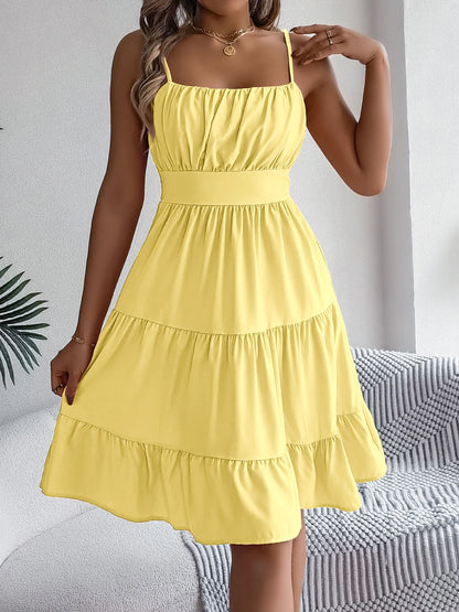 Casual Vacation Ruffled Camisole Dress Spring Summer Women's Solid Dresses for 2026 Valentine's Day Woman Clothing Pink Blue