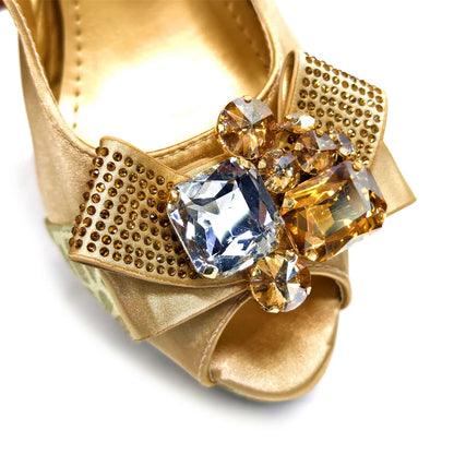 Shoes for Women High Heels INS Style Rhinestone Peep Toe Bow Gold Color New Italian Shoes and Bag for Party 2024
