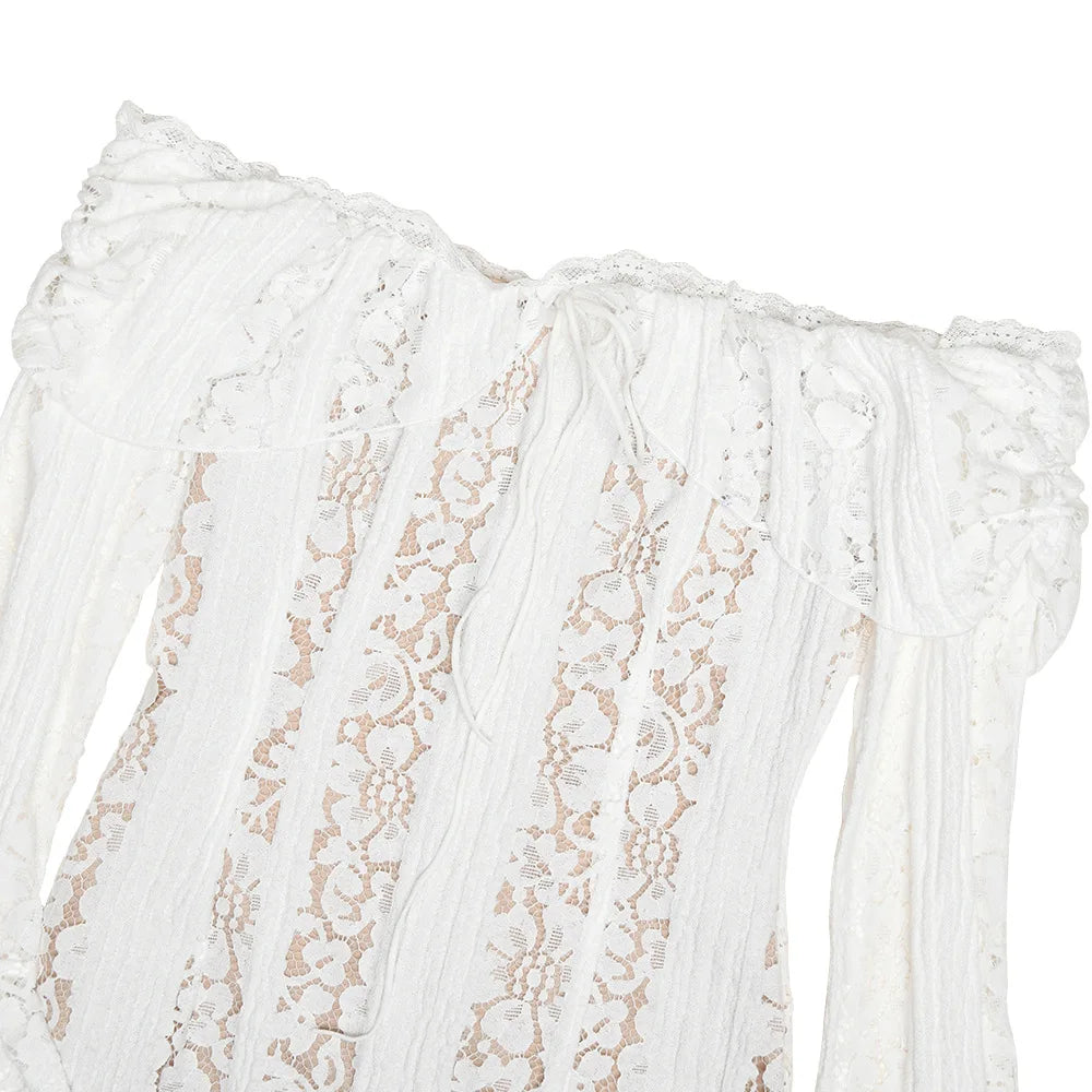 Elegant Off The Shoulder Bodycon Dress 2024 New in White Flare Sleeve Lace Maxi Dress Wedding Guest Dress for Women