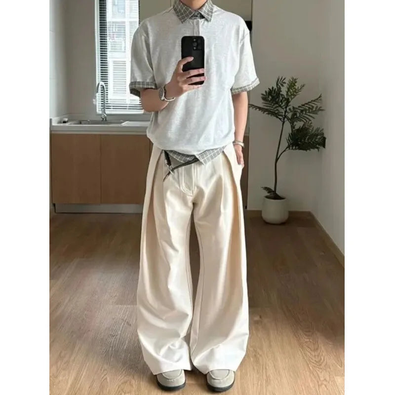 Grey Suit Pants Men Fashion Society Mens Black Dress Pants Korean Loose Casual Wide Leg Pants Mens Office Formal Trousers