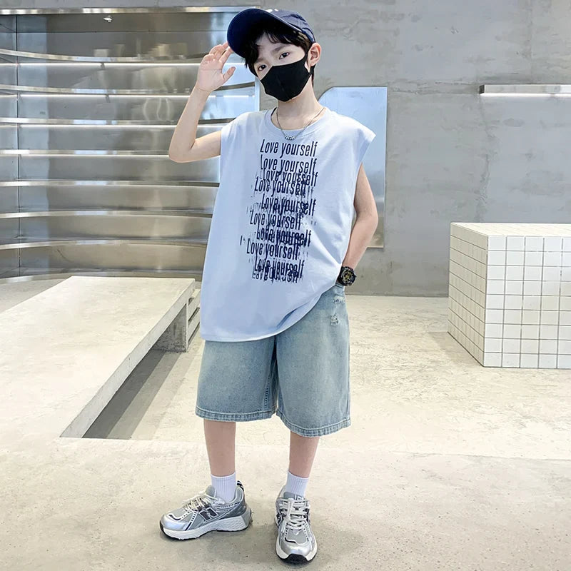 2025 New Summer Outfit Sets for Boys Sleeveless Tshirt And Denim Shorts 2 Pieces Tracksuit Kids Child Stylish Sports Suits 5-14Y