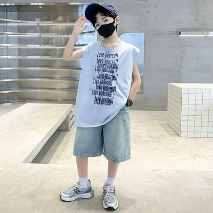 2025 New Summer Outfit Sets for Boys Sleeveless Tshirt And Denim Shorts 2 Pieces Tracksuit Kids Child Stylish Sports Suits 5-14Y