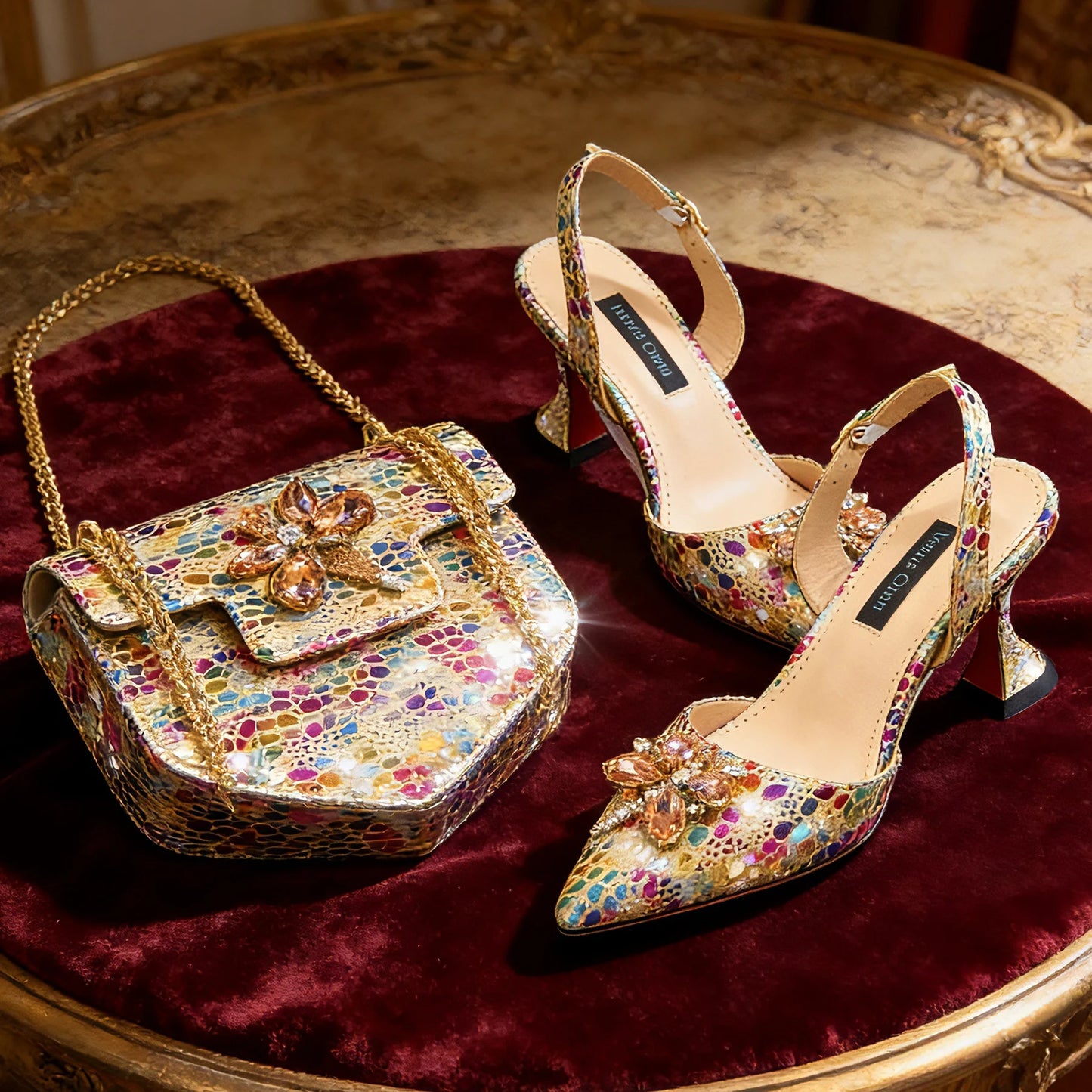 Elegant Rhinestone Heels & Matching Bag Set, Colorful Print Pointed Toe Block Heels for Banquet Club Night