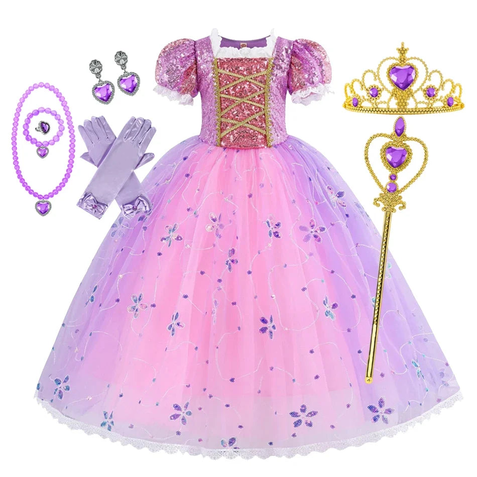 Girl Rapunzal Princess Dress Halloween Cosplay Ball Gown Party Costume Disguise Kids Outfit Children Clothes