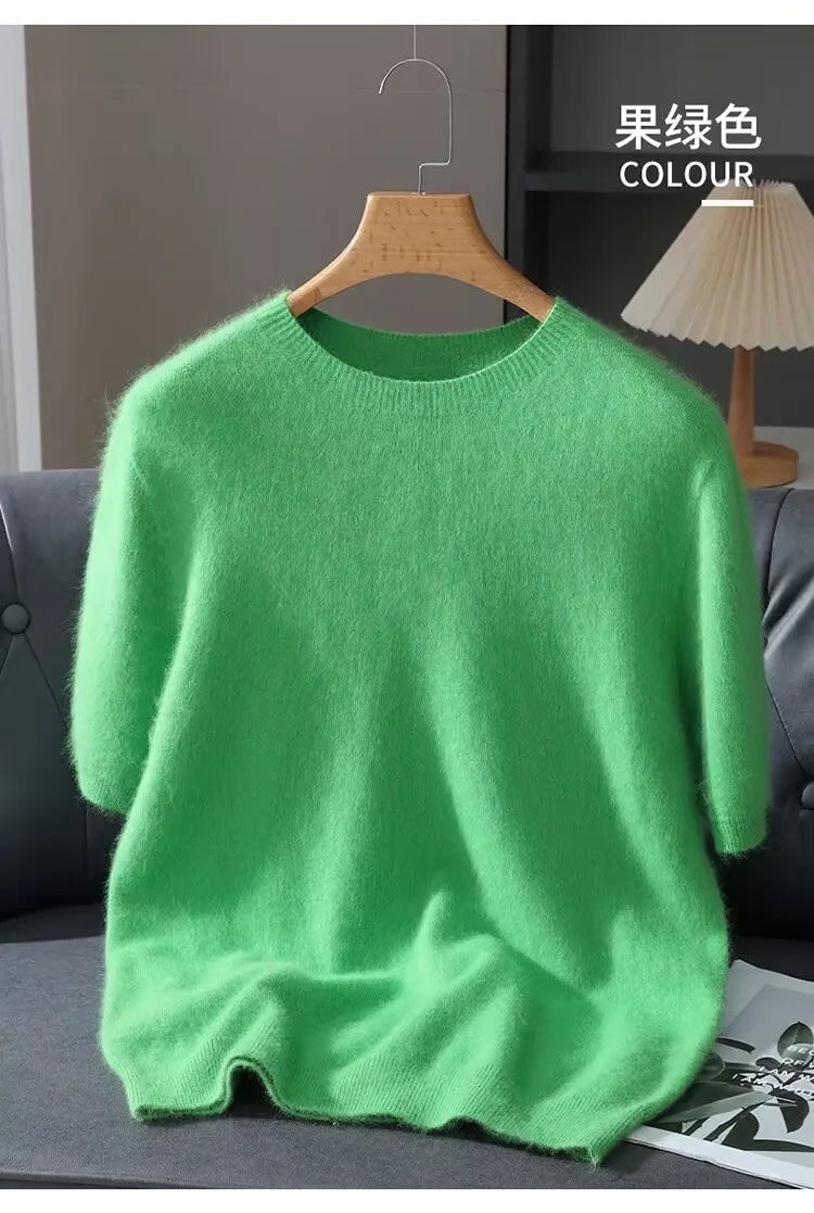 100% Mink Cashmere Knitted Short Sleeved Men's Loose Round Neck Solid Color Half Sleeved Simple T-Shirt Casual Business Cashmere