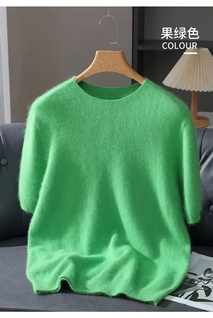 100% Mink Cashmere Knitted Short Sleeved Men's Loose Round Neck Solid Color Half Sleeved Simple T-Shirt Casual Business Cashmere
