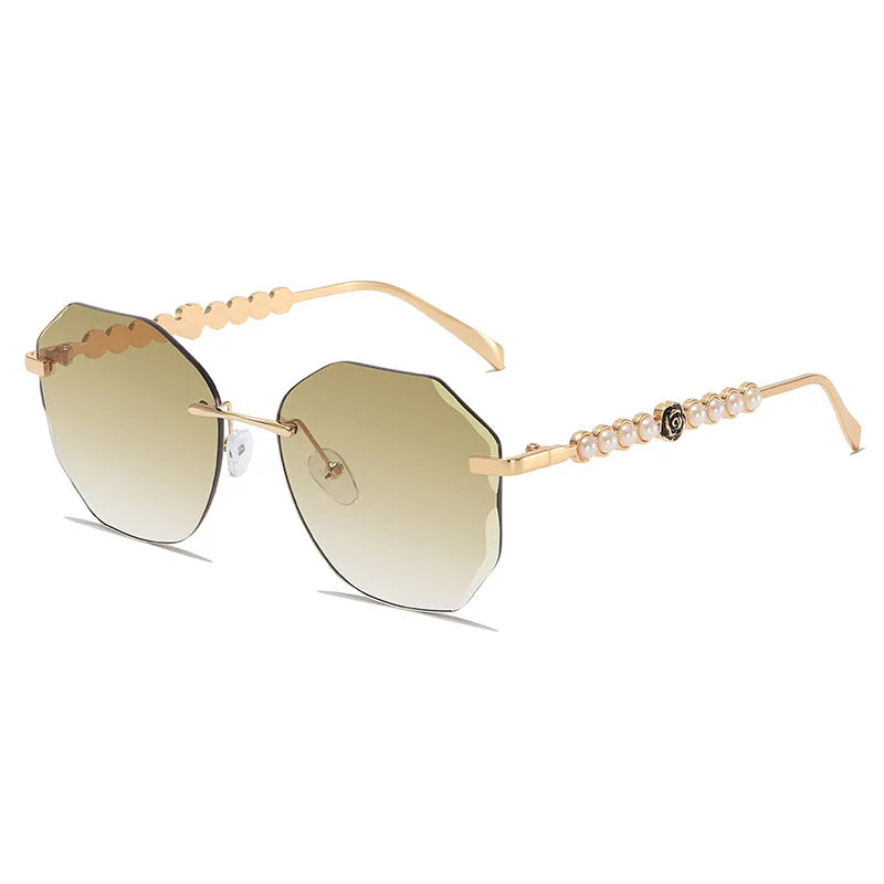 Women's Rimless Cut Edge Sunglasses Pearl Temple Gradient Lens Sun Glasses Elegant Y2K UV400 Shades Luxury Metal Fashion Eyewear