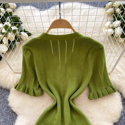 Brand Fashion Vintage Knitted Long Dress Spring Summer Women Elegant V-neck Ruffled Bodycon Sweater Dress Party Vestido