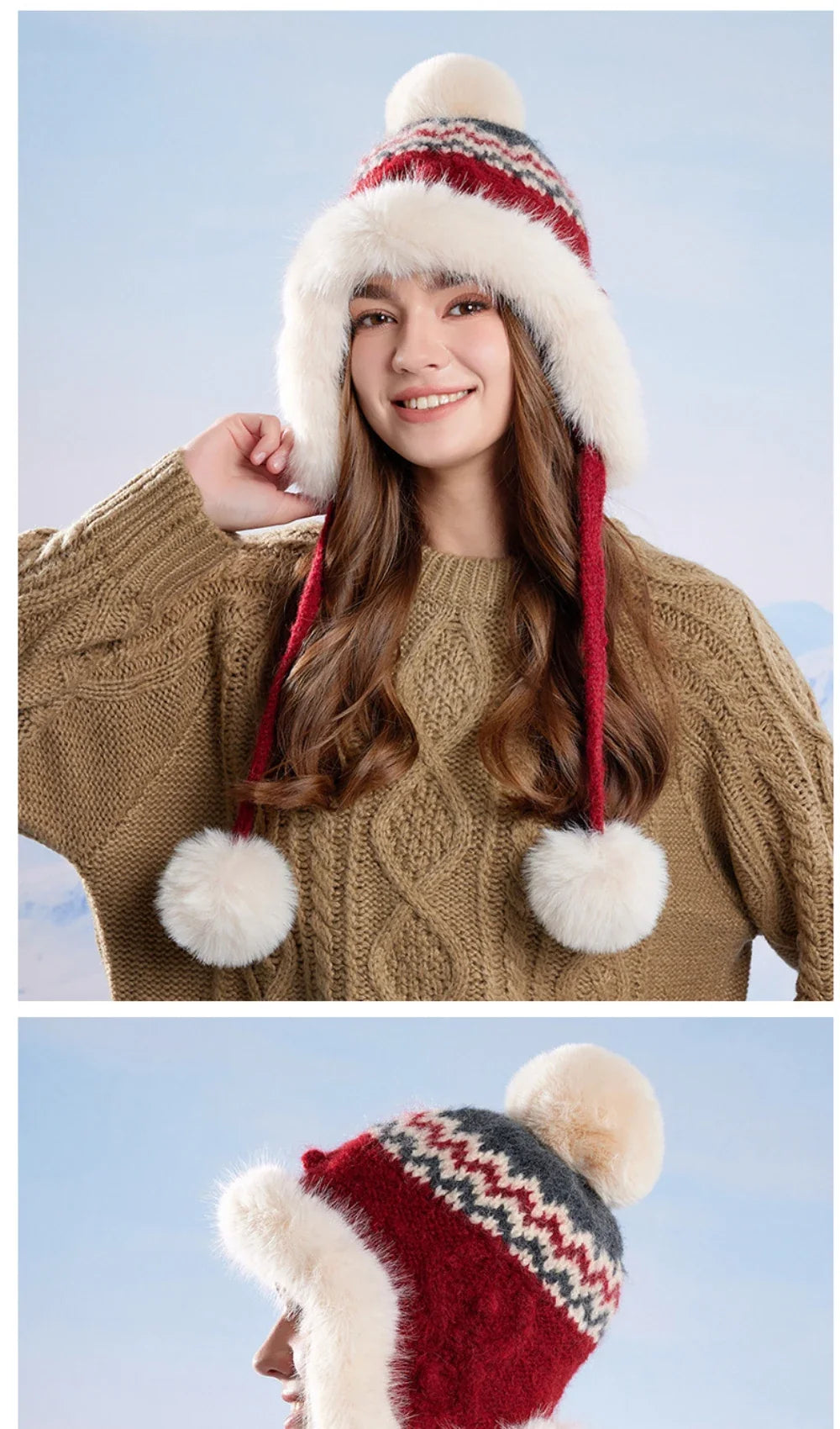 New Thick Warm Women Winter Hat Skullies Beanies Knitted Fur Hat Three Fur Ball Beanie Hat Female Earflap Cap Russian Hat